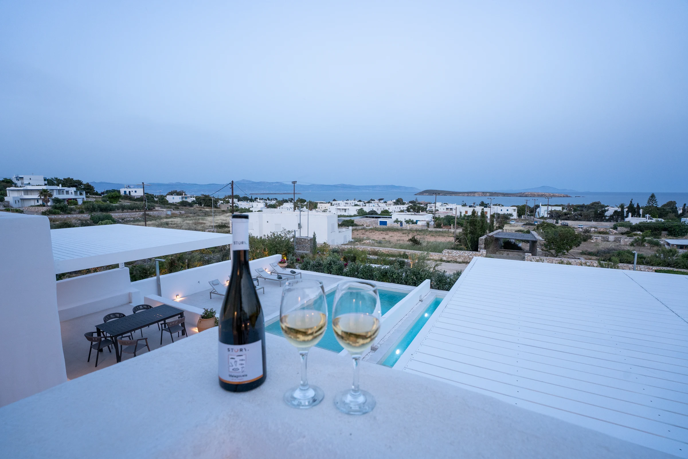 The view across Drios towards the Aegean Sea from the villa